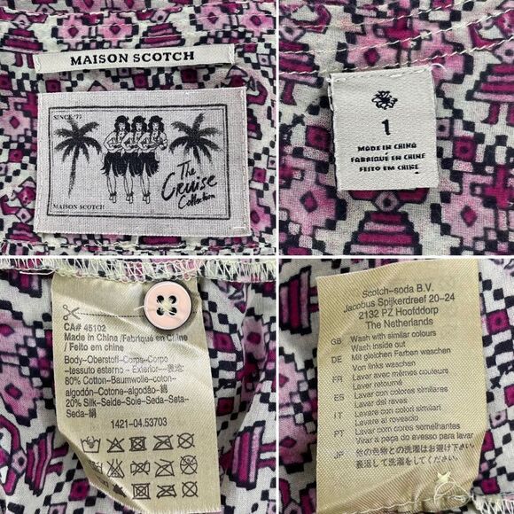Maison Scotch Soda Cruise Collection Pink Tiki Silk Blend Top Size 1 Small - Picture 8 of 8